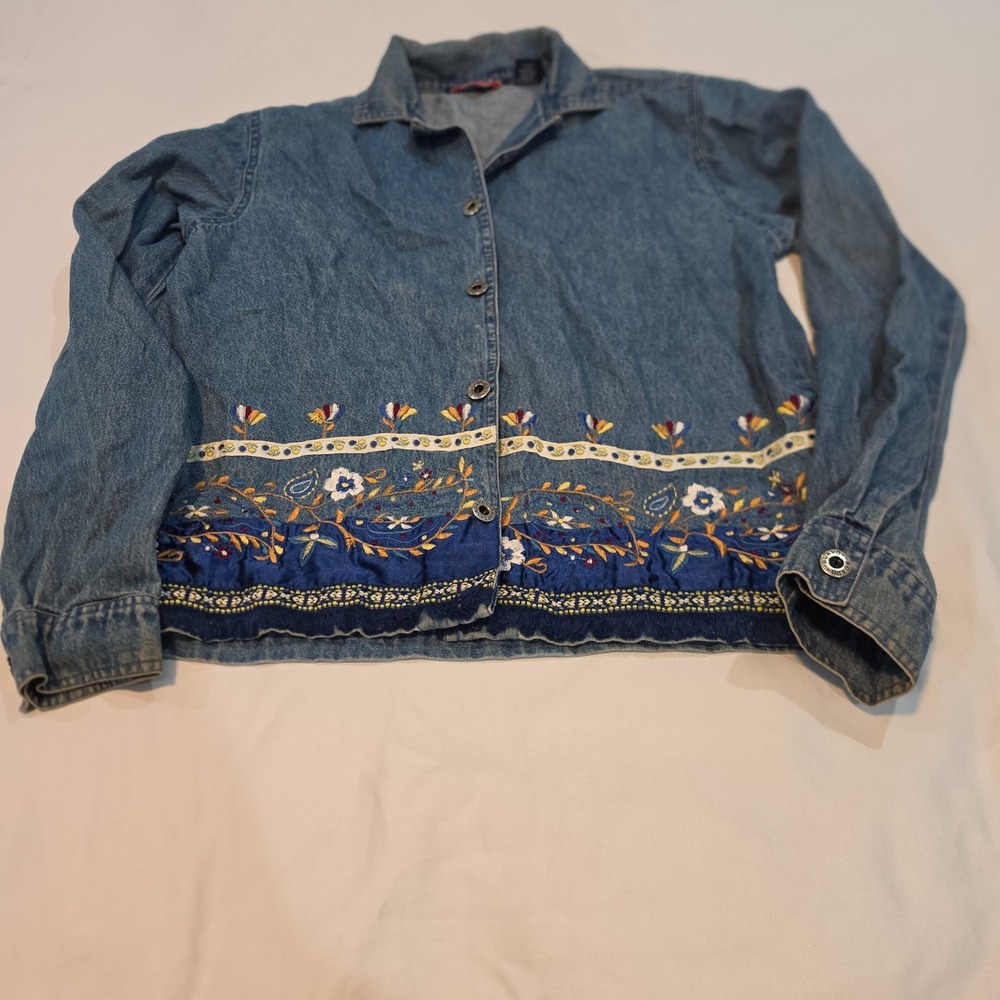 Agapo Denim Shirt Womens Small Blue Excellent Floral Embroidered Boho Button Up